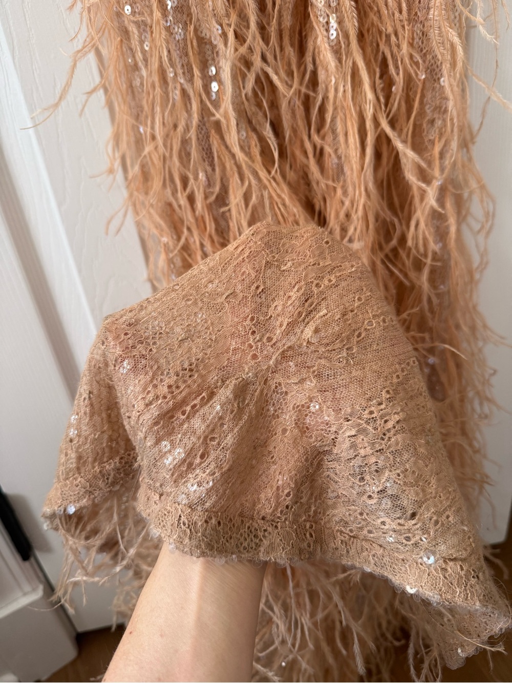 Retrofete Odessa Sequin Ostrich Feather Trimmed Sheer Gown Maxi Dress Tannin - Picture 7 of 16